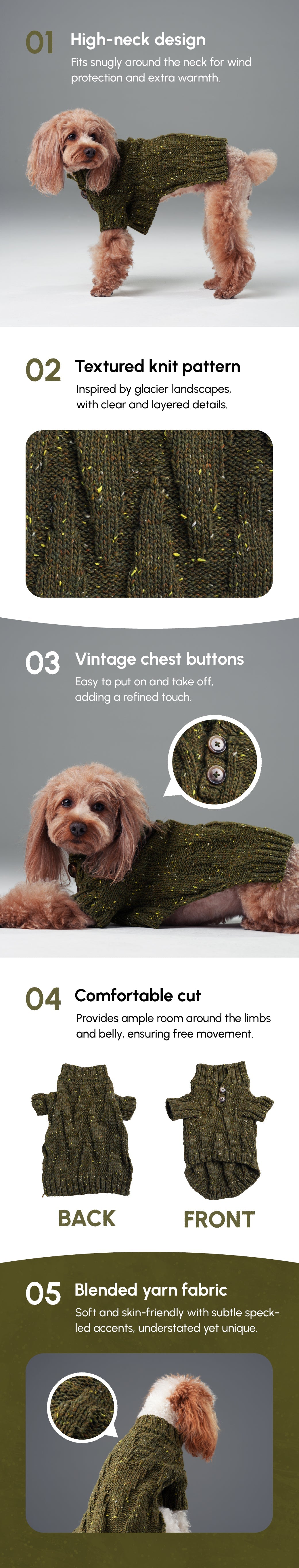 GLACIER Pet Sweater – Olive Green | Warm High-Neck Knit Dog Sweater with Vintage Buttons