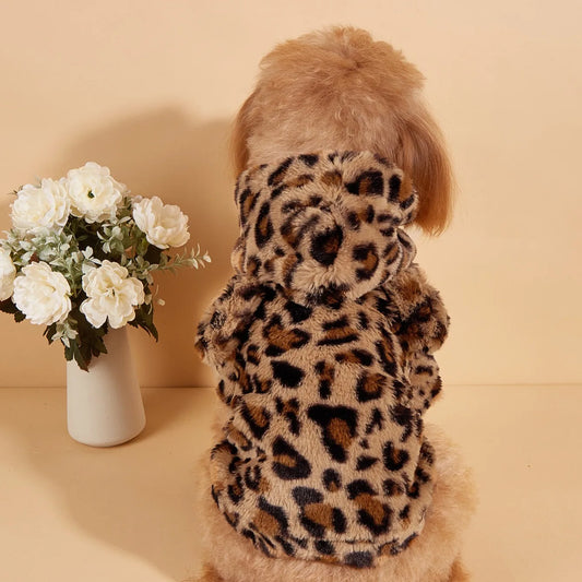 Leopard Print Dog Hoodie with Ears | Plush Fleece Autumn & Winter Jacket for Small & Medium Dogs