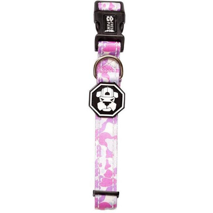 Pink and white camouflage dog collar with a brand logo on a white background