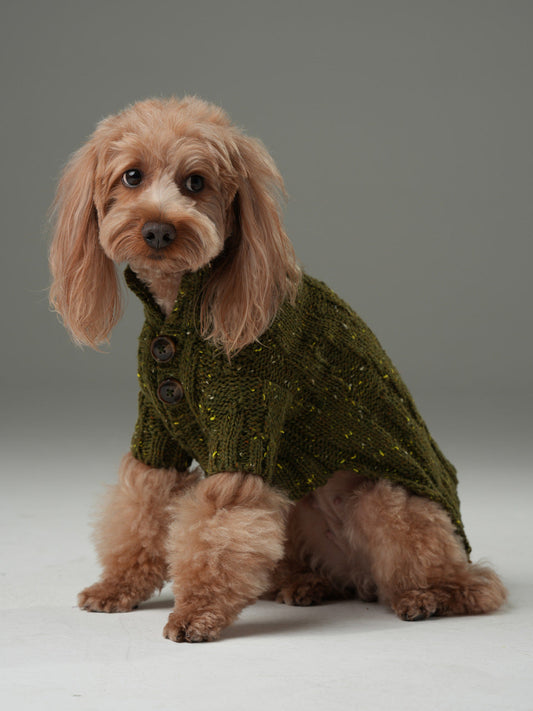GLACIER Pet Sweater – Olive Green | Warm High-Neck Knit Dog Sweater with Vintage Buttons