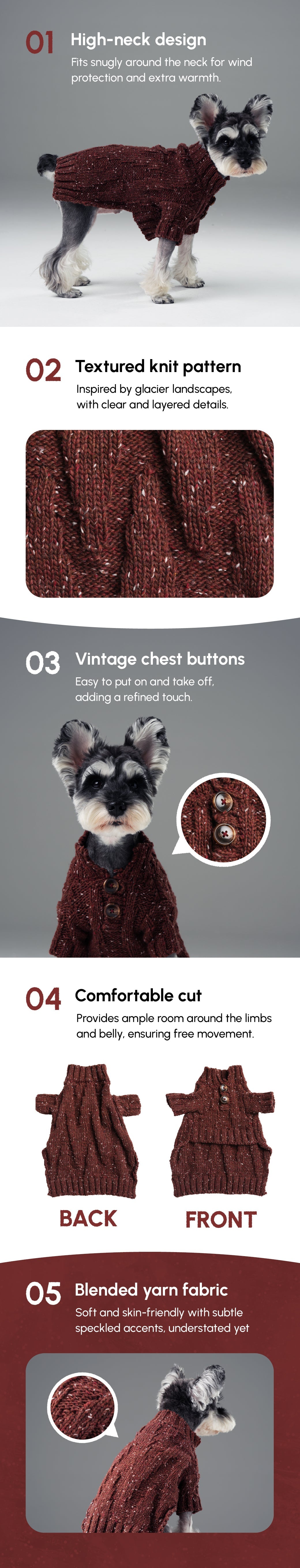 GLACIER Pet Sweater – Burgundy | Warm High-Neck Knit Dog Sweater with Vintage Buttons
