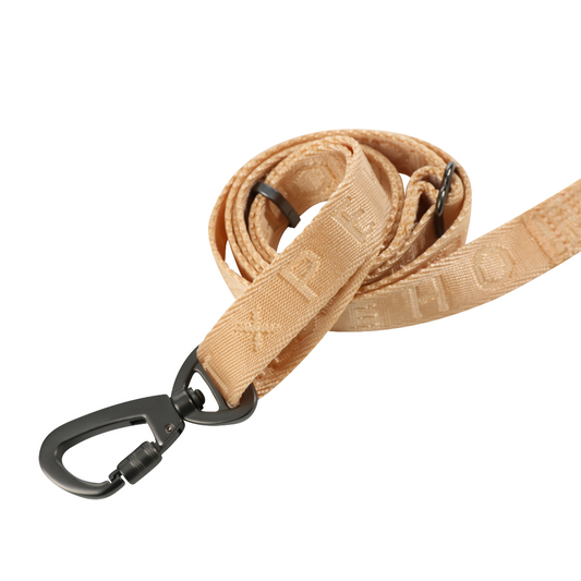 Beige dog leash with black clip on a white background