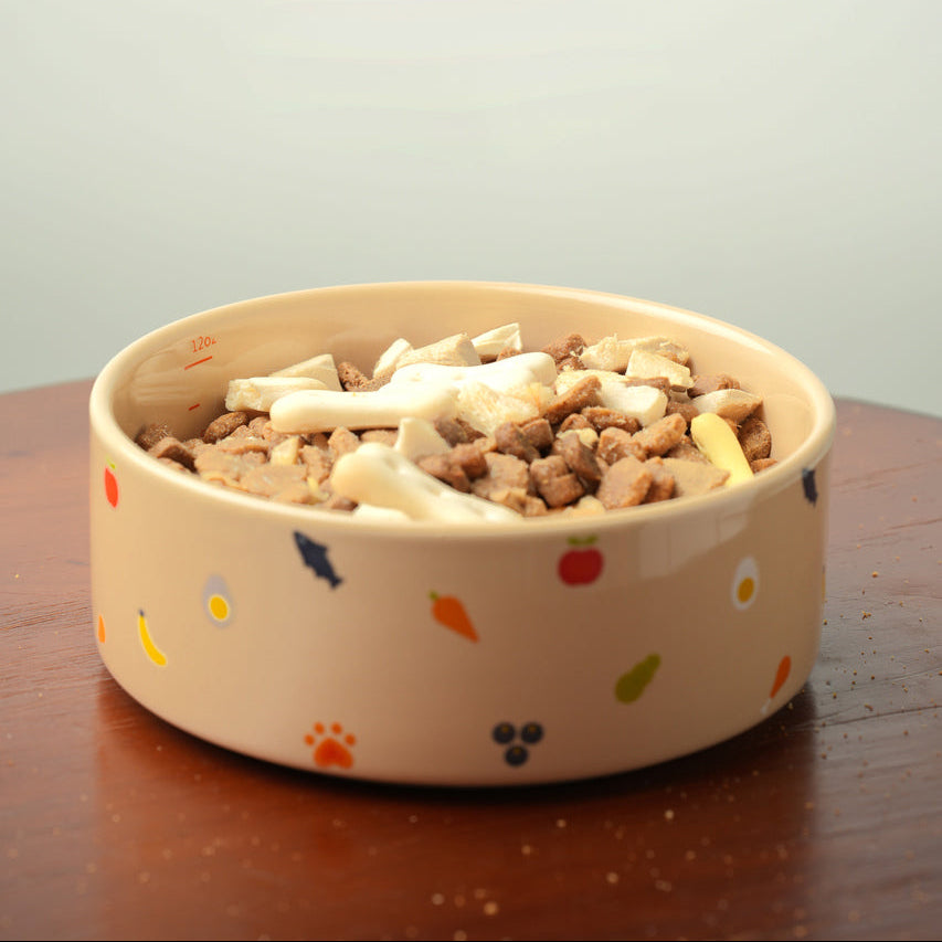 Dog food in a colorful bowl on a wooden surface with a light gray background