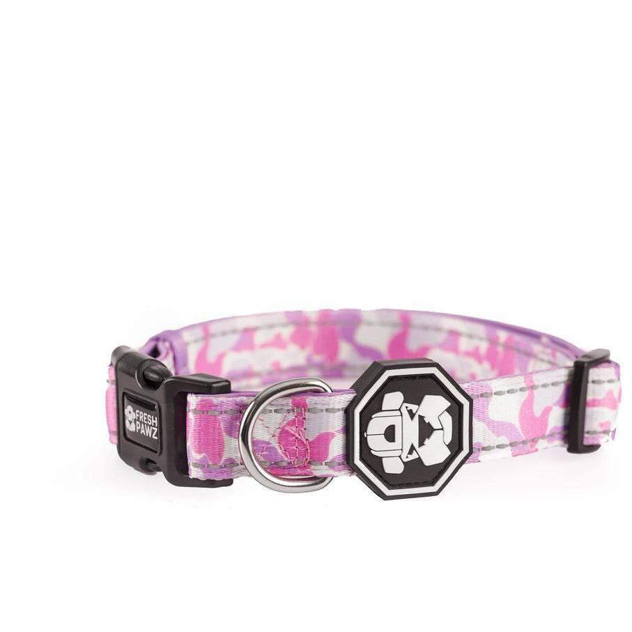 Pink camouflage dog collar with a branded clasp on a white background