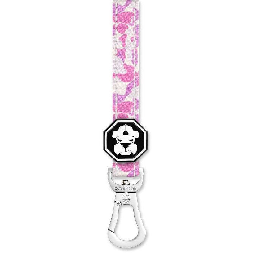 Lanyard with pink camouflage pattern and a black hexagonal clip on a white background
