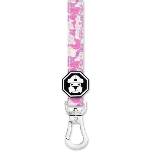 Lanyard with pink camouflage pattern and a black hexagonal clip on a white background