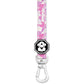 Lanyard with pink camouflage pattern and a black hexagonal clip on a white background