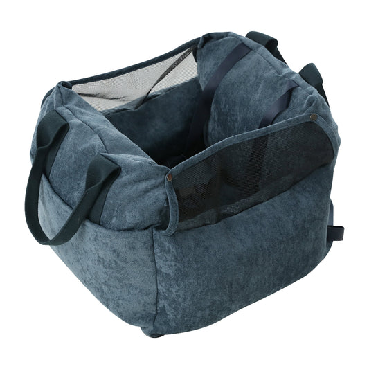 Blue pet carrier with a white background