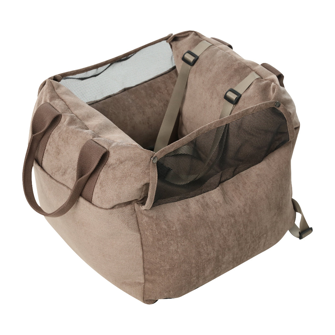Brown pet carrier with a transparent window on a white background