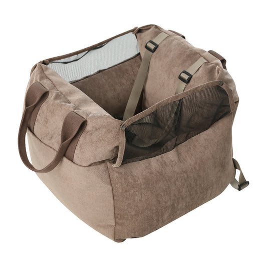 Brown pet carrier with a transparent window on a white background