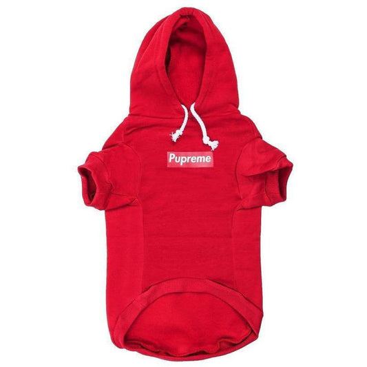 Red dog hoodie with 'Supreme' logo on a white background
