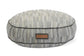 Round gray patterned pet bed with a brown label on a white background