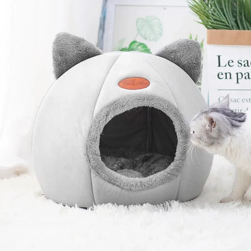 Removable Winter Cat Cave Bed | Warm Plush Kitten House with Non-Slip Base
