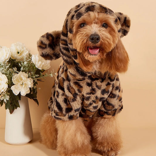 Leopard Print Dog Hoodie with Ears | Plush Fleece Autumn & Winter Jacket for Small & Medium Dogs