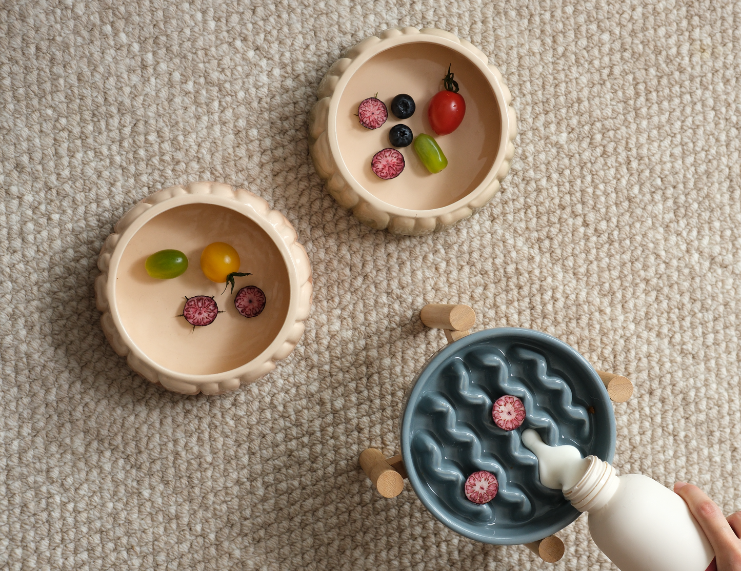 Macaroni Slow Feeder Dog Bowl – Ceramic Anti-Gulp Bowl with Non-Slip Base (Yellow, Frozen Blue, Purple)