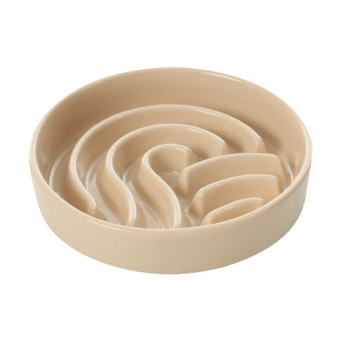 Beige ceramic bowl with a floral design on a white background