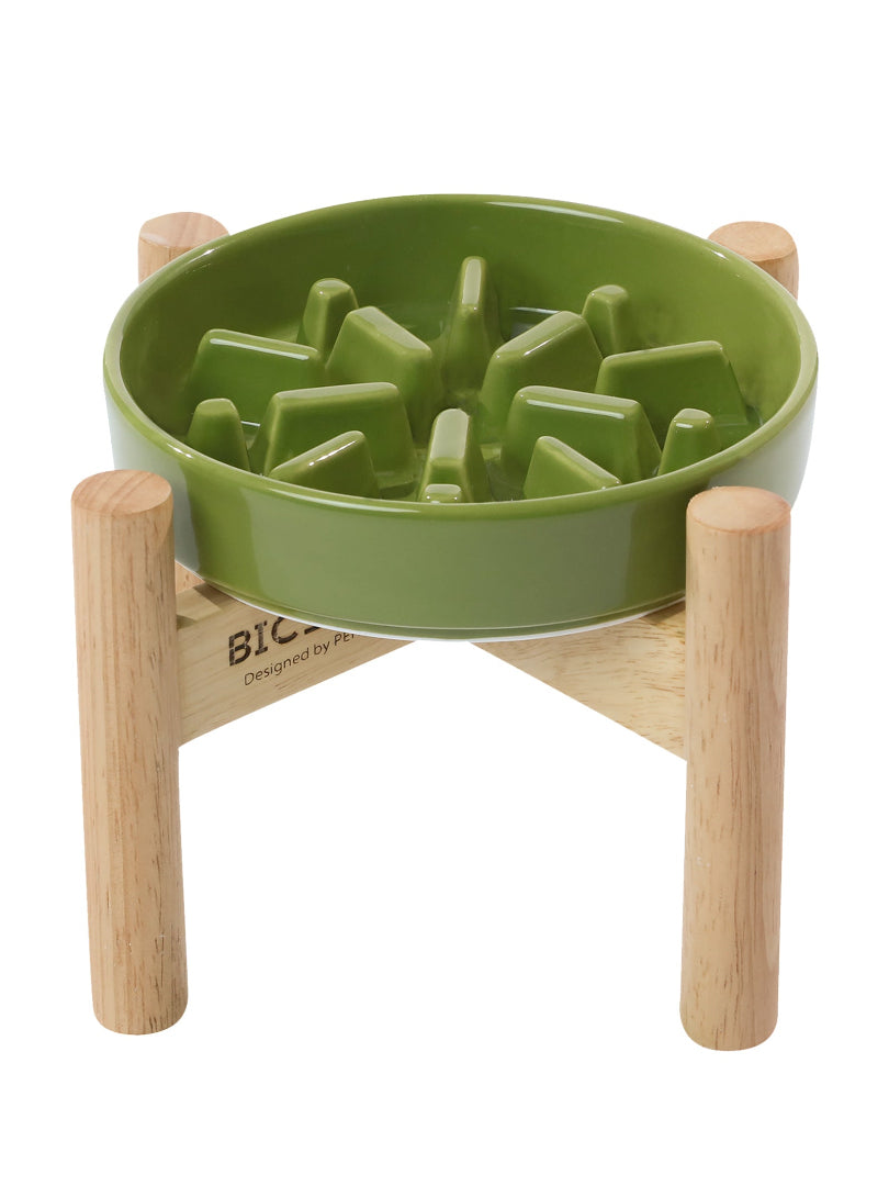 Green dog toy with wooden stand on a white background