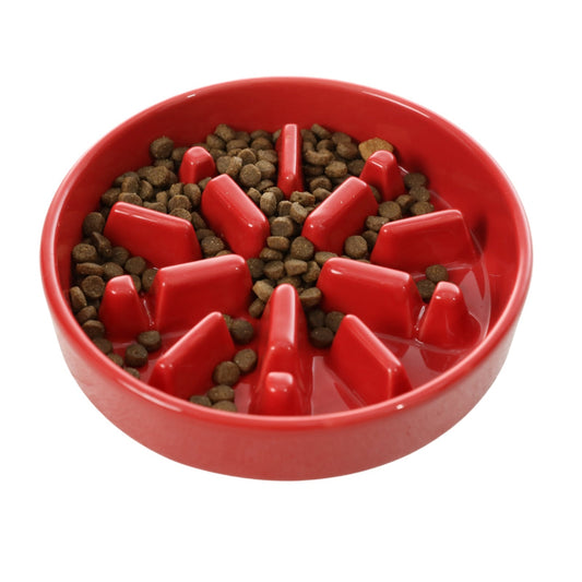 Red slow feeder bowl with pet food on a white background