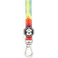 Colorful tie-dye dog leash with a black and white clip on a white background
