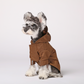 Dog wearing a brown coat on a white background