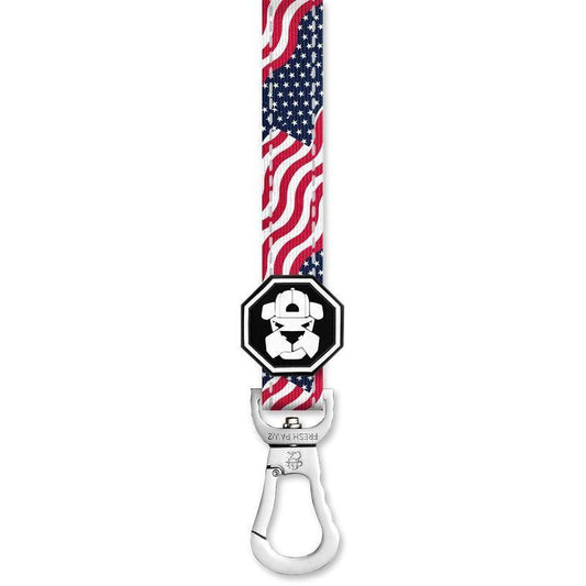 Lanyard with American flag pattern and fireman logo on a white background
